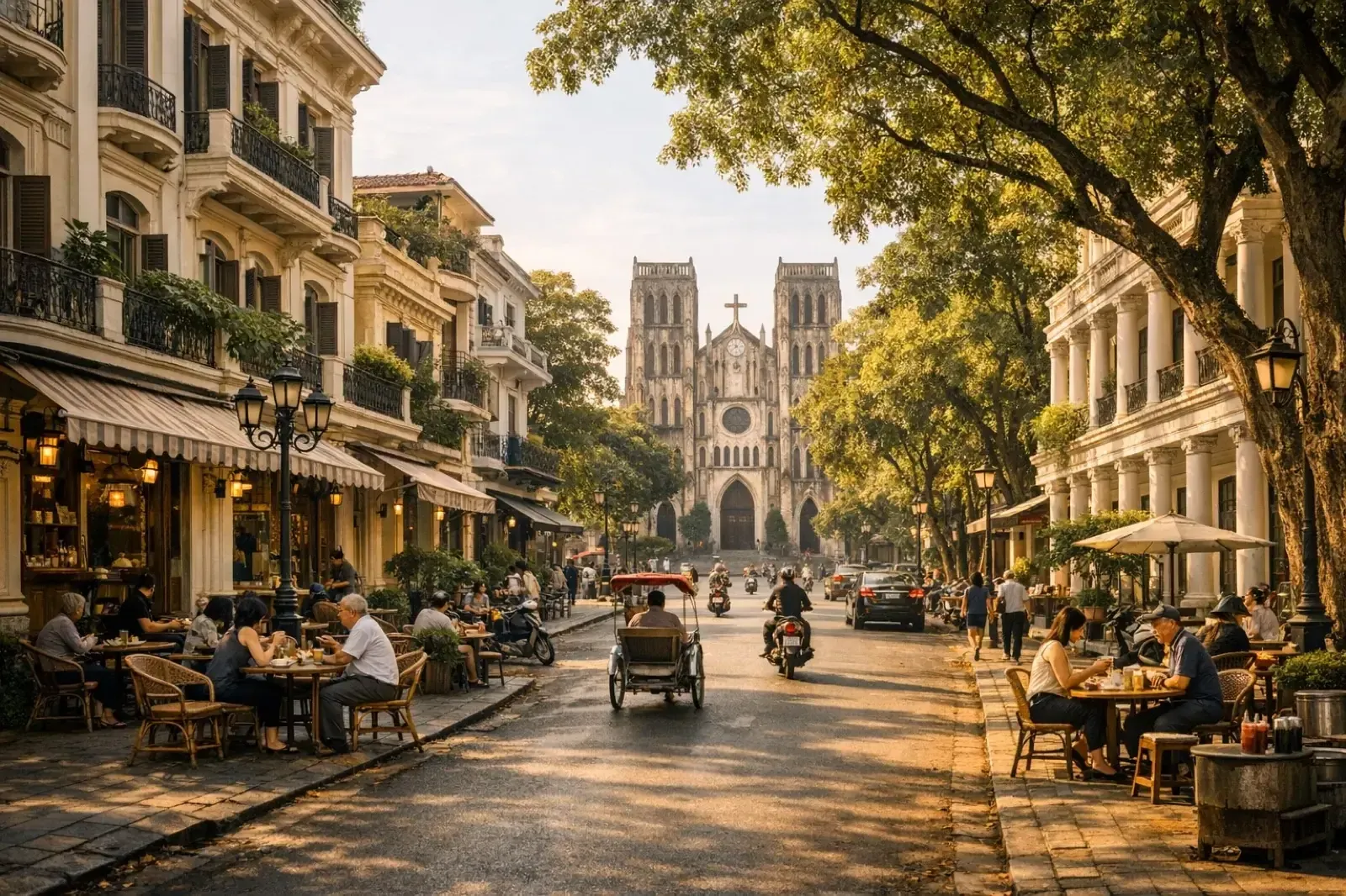 A Hanoi street under clear skies — the north at its best is autumn and spring