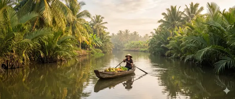 A boat on a narrow coconut-lined canal in the Mekong Delta at first light