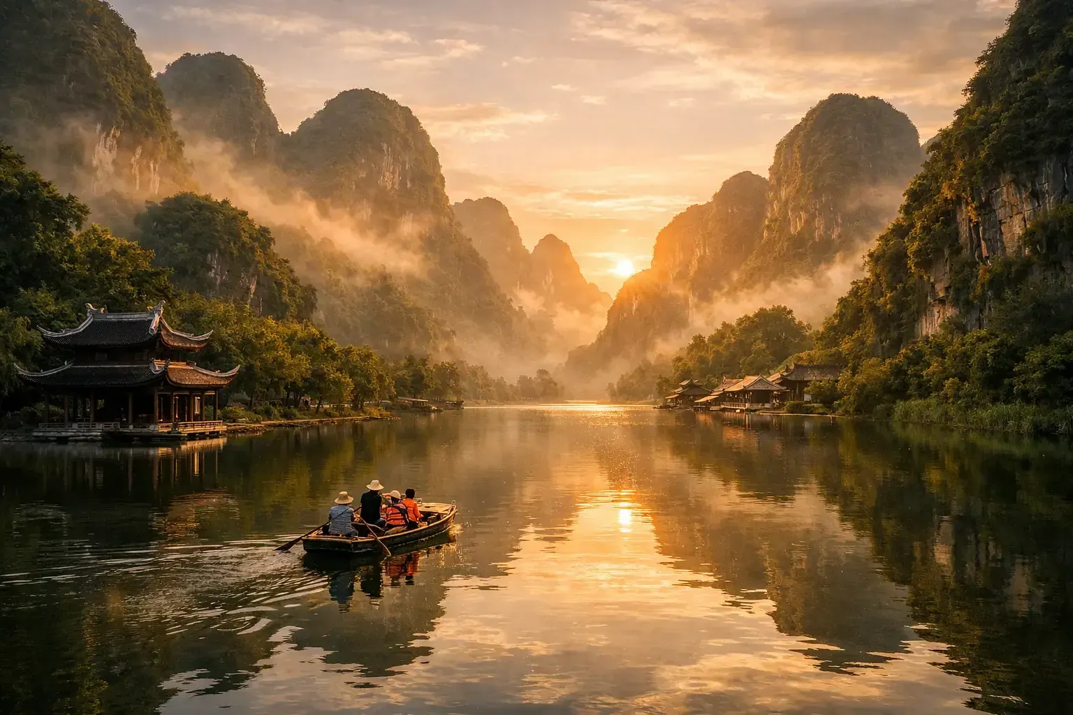 Limestone karsts rising out of still water at Trang An, Ninh Binh — the inland cousin of Halong Bay