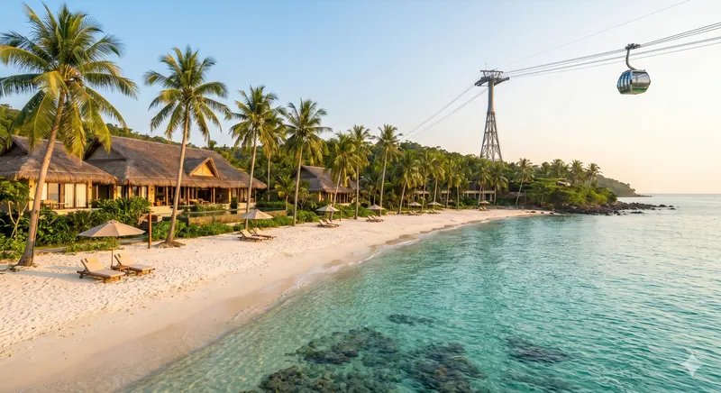 Cable car cabins crossing turquoise water above fishing boats, Phu Quoc