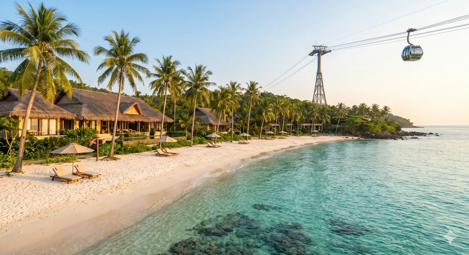 Cable car cabins crossing turquoise water above fishing boats, Phu Quoc