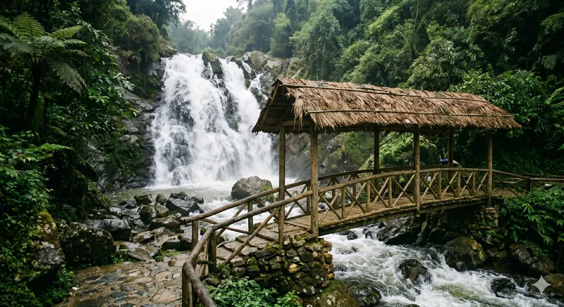 A waterfall and a bamboo footbridge in the hills above Sapa, northern Vietnam